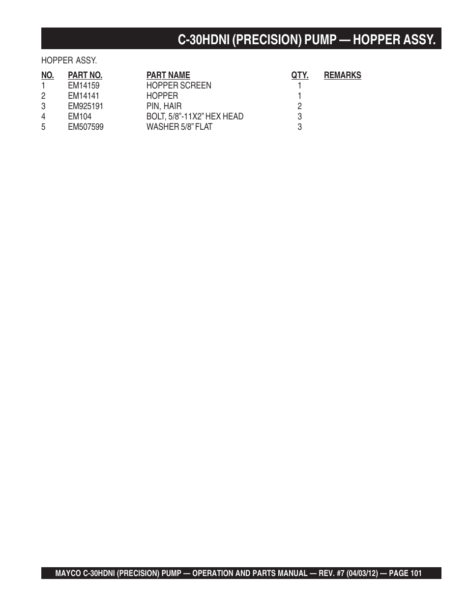 C-30hdni (precision) pump — hopper assy | Multiquip C30HDNI User Manual | Page 101 / 136