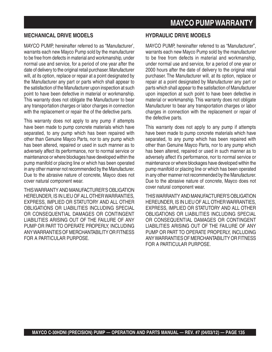 Mayco pump warranty | Multiquip C30HDNI User Manual | Page 135 / 136