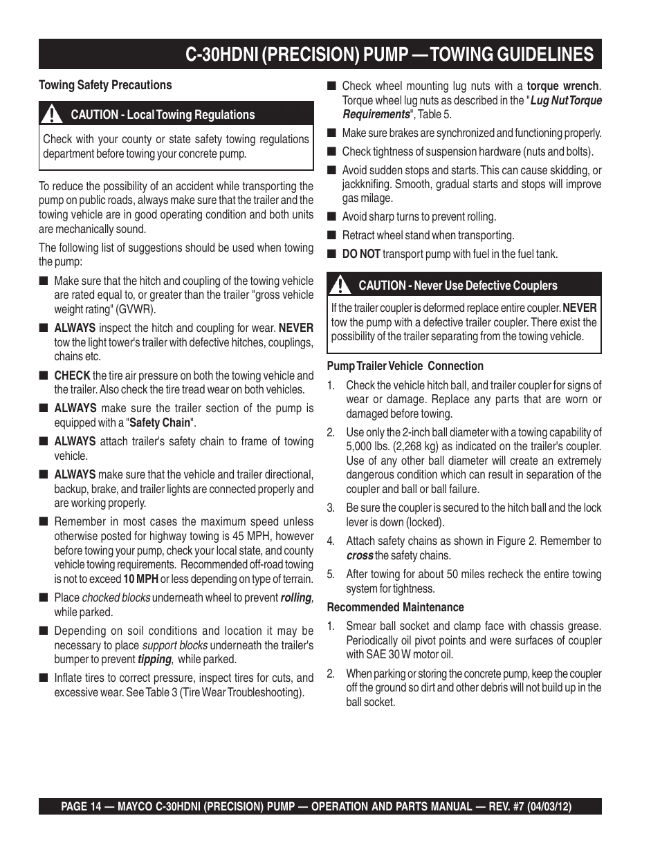 C-30hdni (precision) pump — towing guidelines | Multiquip C30HDNI User Manual | Page 14 / 136