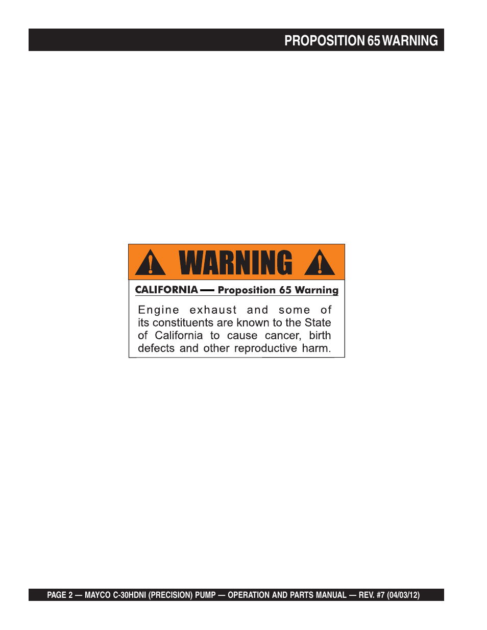 Proposition 65 warning | Multiquip C30HDNI User Manual | Page 2 / 136