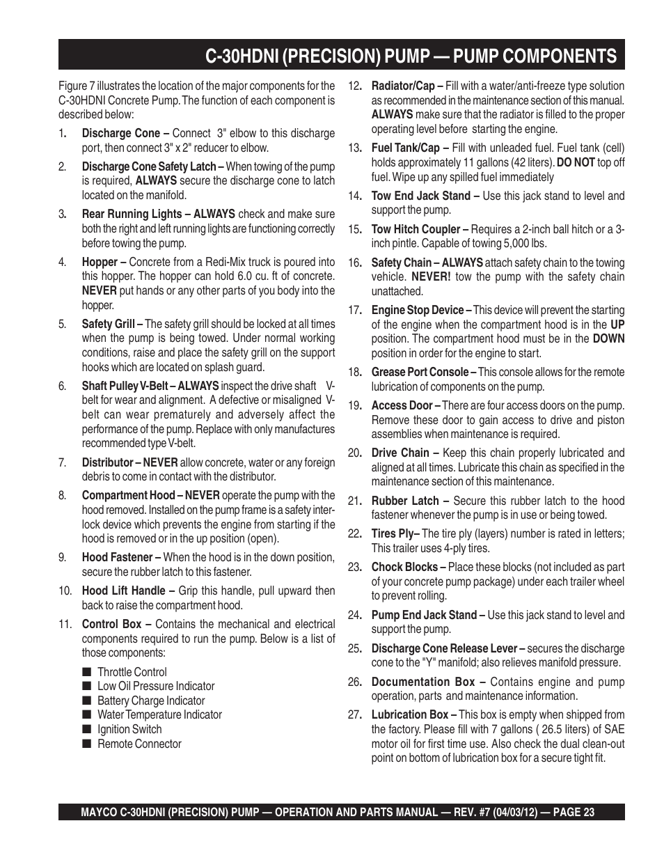 C-30hdni (precision) pump — pump components | Multiquip C30HDNI User Manual | Page 23 / 136