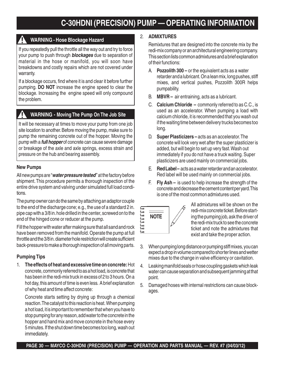 C-30hdni (precision) pump — operating information | Multiquip C30HDNI User Manual | Page 30 / 136