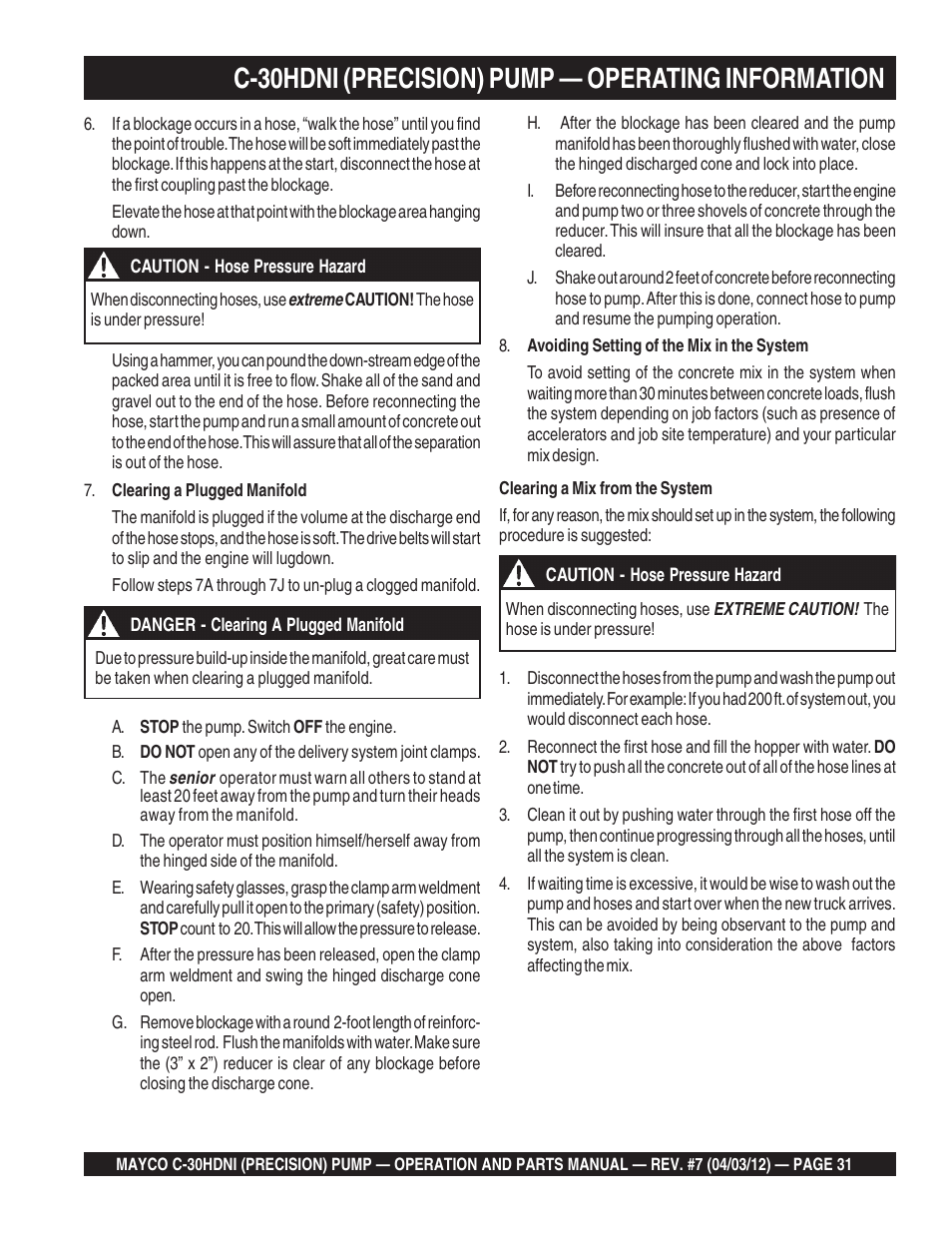 C-30hdni (precision) pump — operating information | Multiquip C30HDNI User Manual | Page 31 / 136