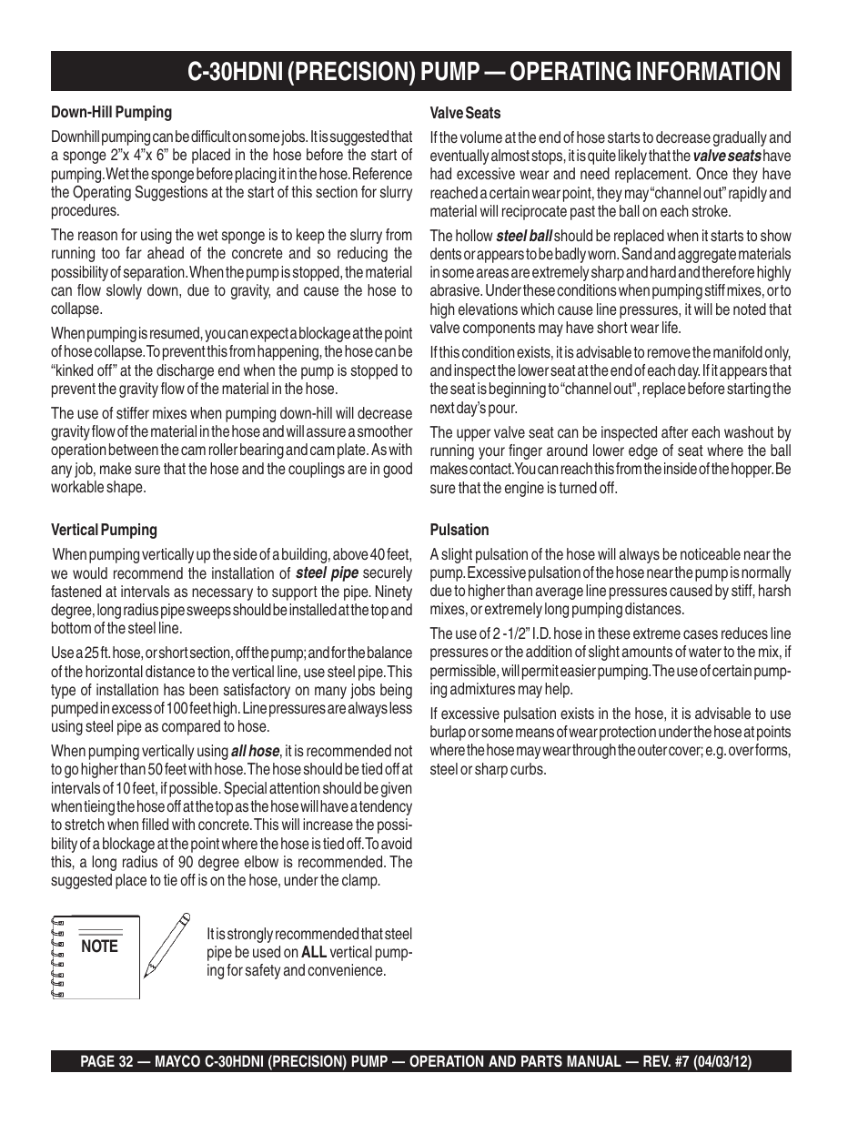 C-30hdni (precision) pump — operating information | Multiquip C30HDNI User Manual | Page 32 / 136