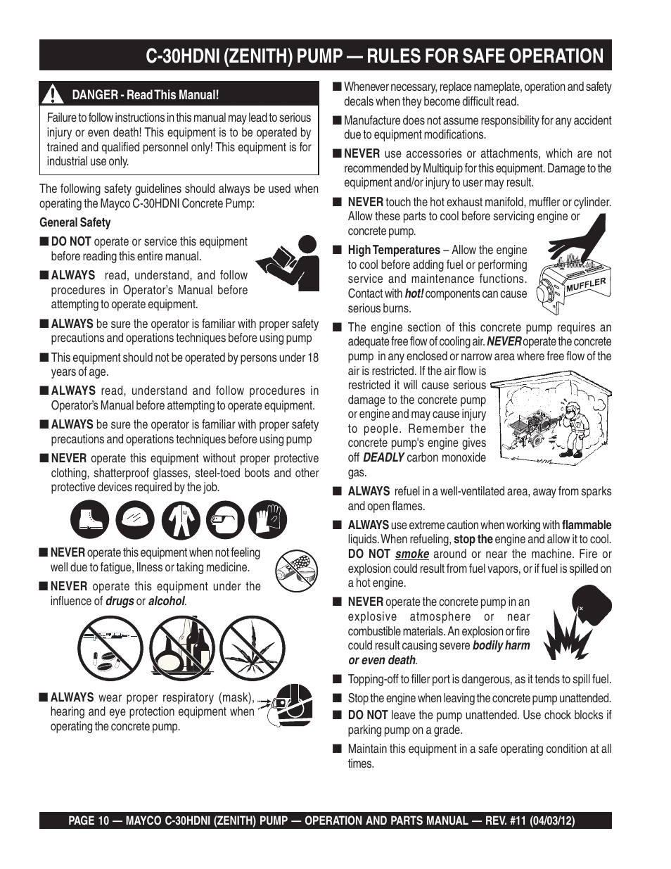 C-30hdni (zenith) pump — rules for safe operation | Multiquip C30HDNI User Manual | Page 10 / 134