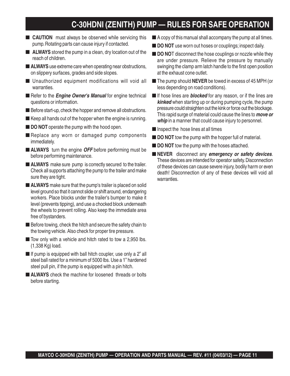 C-30hdni (zenith) pump — rules for safe operation | Multiquip C30HDNI User Manual | Page 11 / 134