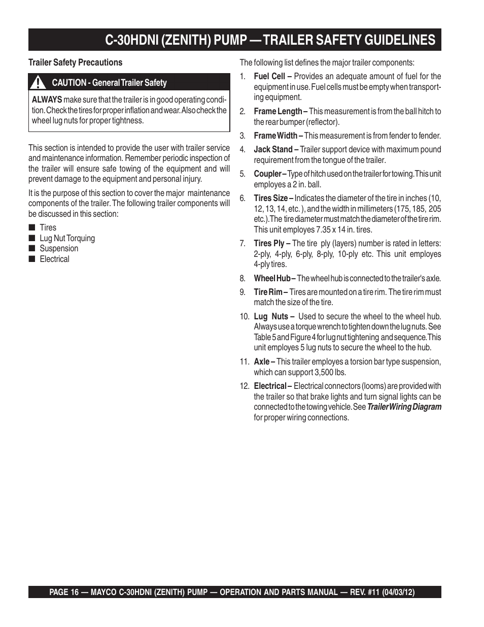 C-30hdni (zenith) pump — trailer safety guidelines | Multiquip C30HDNI User Manual | Page 16 / 134
