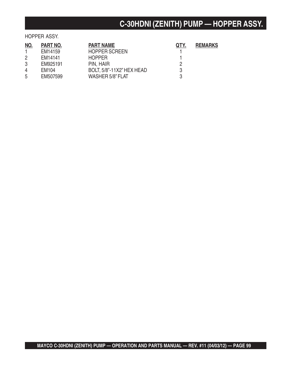 C-30hdni (zenith) pump — hopper assy | Multiquip C30HDNI User Manual | Page 99 / 134