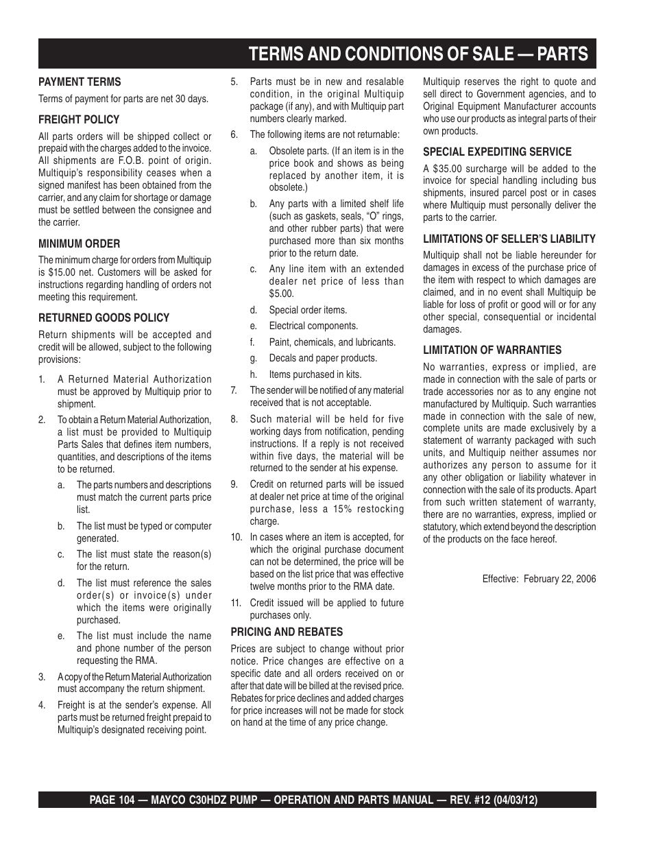 Terms and conditions of sale — parts | Multiquip C30HDZ User Manual | Page 104 / 106