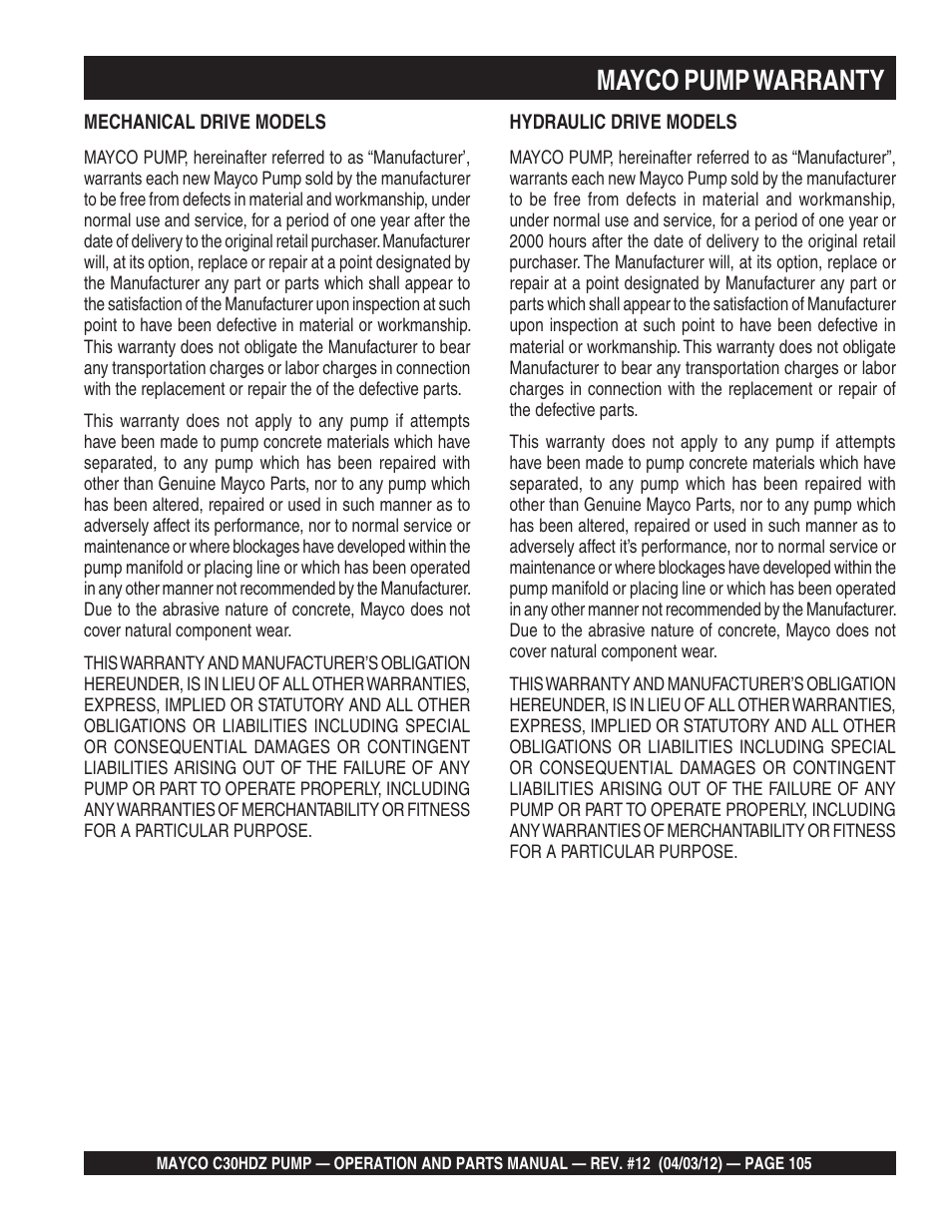 Mayco pump warranty | Multiquip C30HDZ User Manual | Page 105 / 106