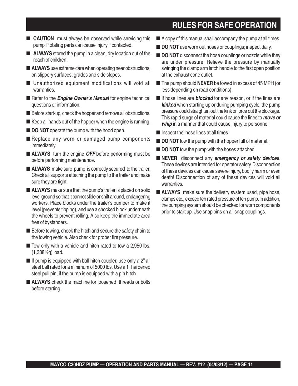 Rules for safe operation | Multiquip C30HDZ User Manual | Page 11 / 106