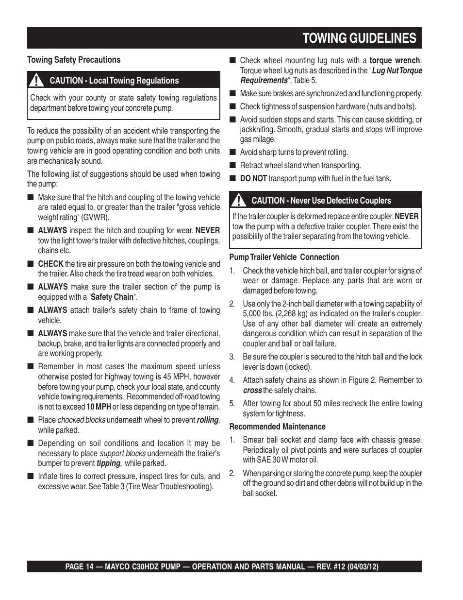 Towing guidelines | Multiquip C30HDZ User Manual | Page 14 / 106