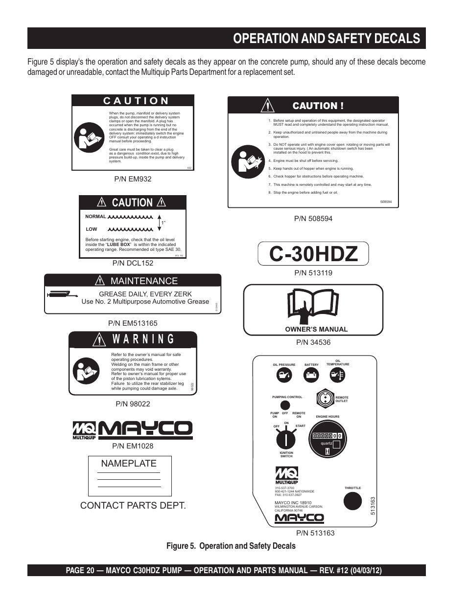 C-30hdz, Operation and safety decals, Caution | Nameplate contact parts dept, Maintenance, P/n em932 | Multiquip C30HDZ User Manual | Page 20 / 106