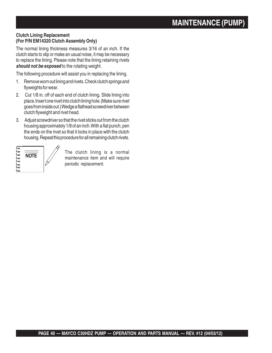 Maintenance (pump) | Multiquip C30HDZ User Manual | Page 40 / 106