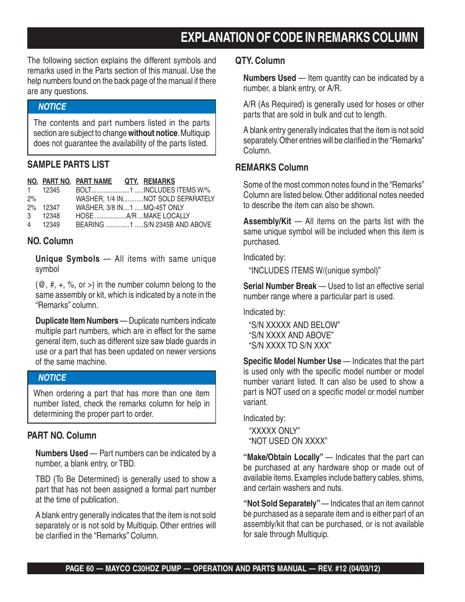 Explanation of code in remarks column | Multiquip C30HDZ User Manual | Page 60 / 106