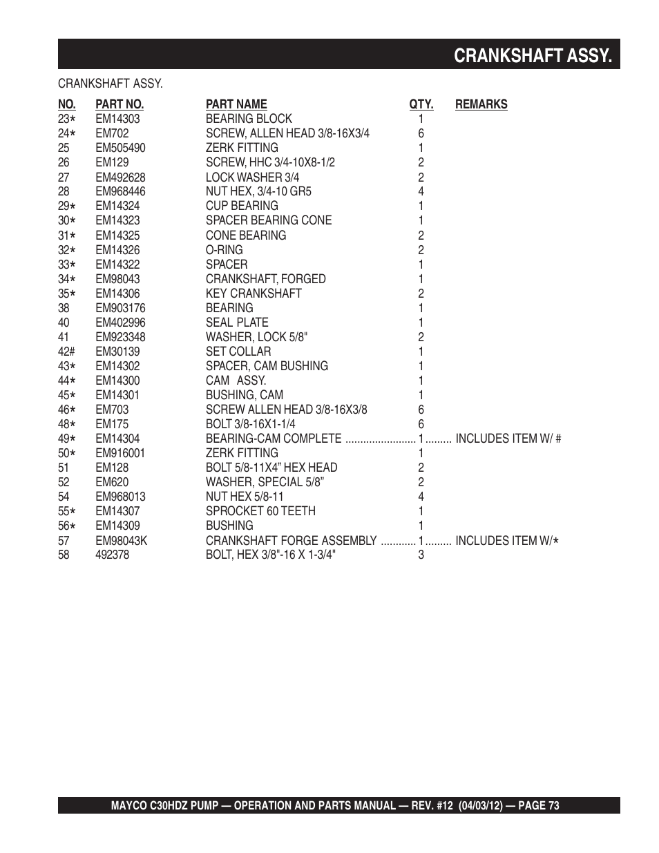 Crankshaft assy | Multiquip C30HDZ User Manual | Page 73 / 106