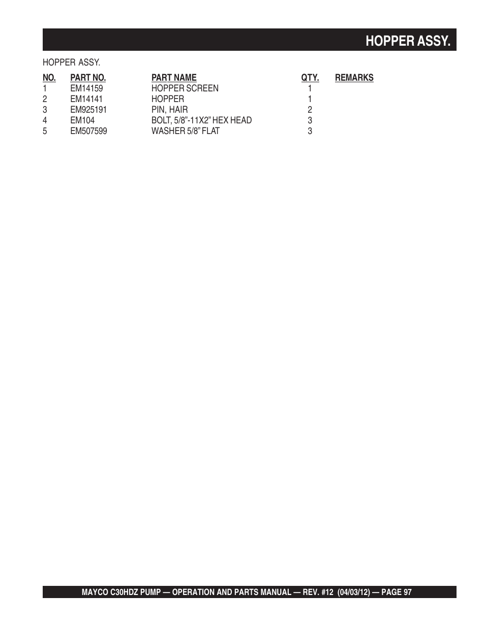 Hopper assy | Multiquip C30HDZ User Manual | Page 97 / 106
