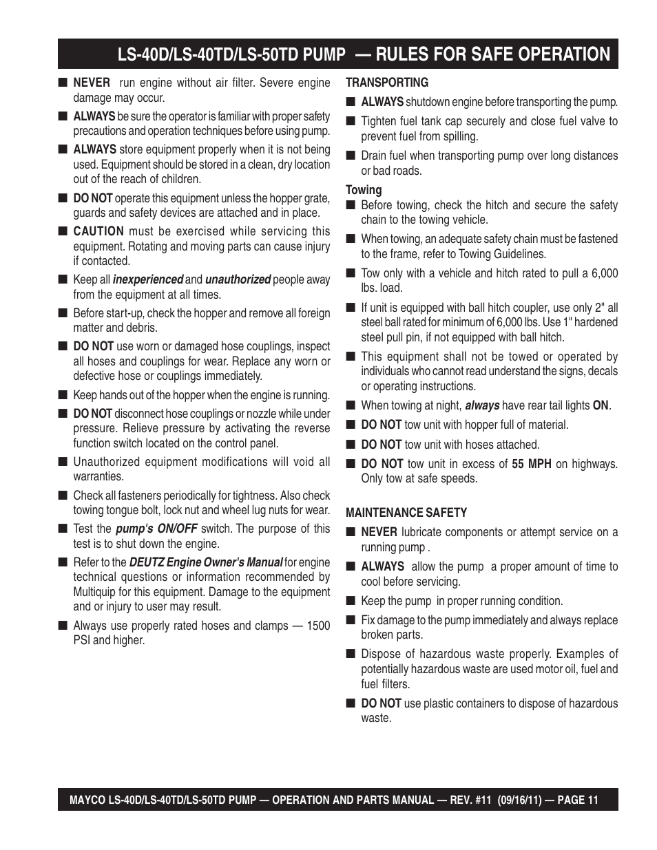 Rules for safe operation | Multiquip LS-50TD User Manual | Page 11 / 140