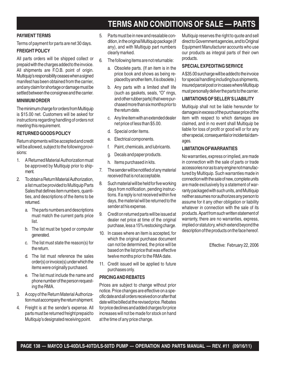 Terms and conditions of sale — parts | Multiquip LS-50TD User Manual | Page 138 / 140