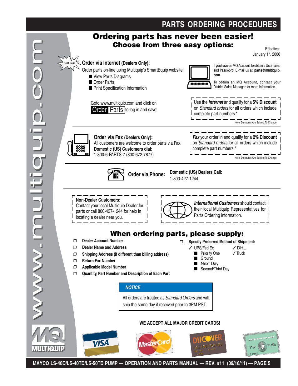 Parts ordering procedures, Ordering parts has never been easier, Choose from three easy options | When ordering parts, please supply, Order parts | Multiquip LS-50TD User Manual | Page 5 / 140