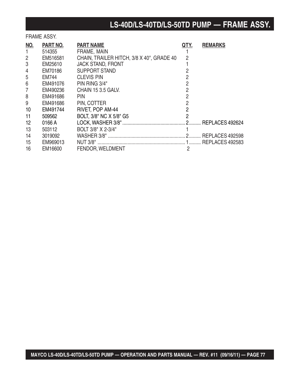 Frame assy | Multiquip LS-50TD User Manual | Page 77 / 140