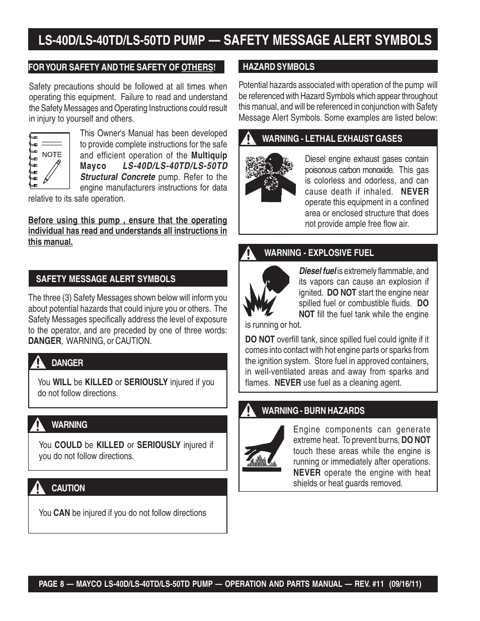 Safety message alert symbols | Multiquip LS-50TD User Manual | Page 8 / 140