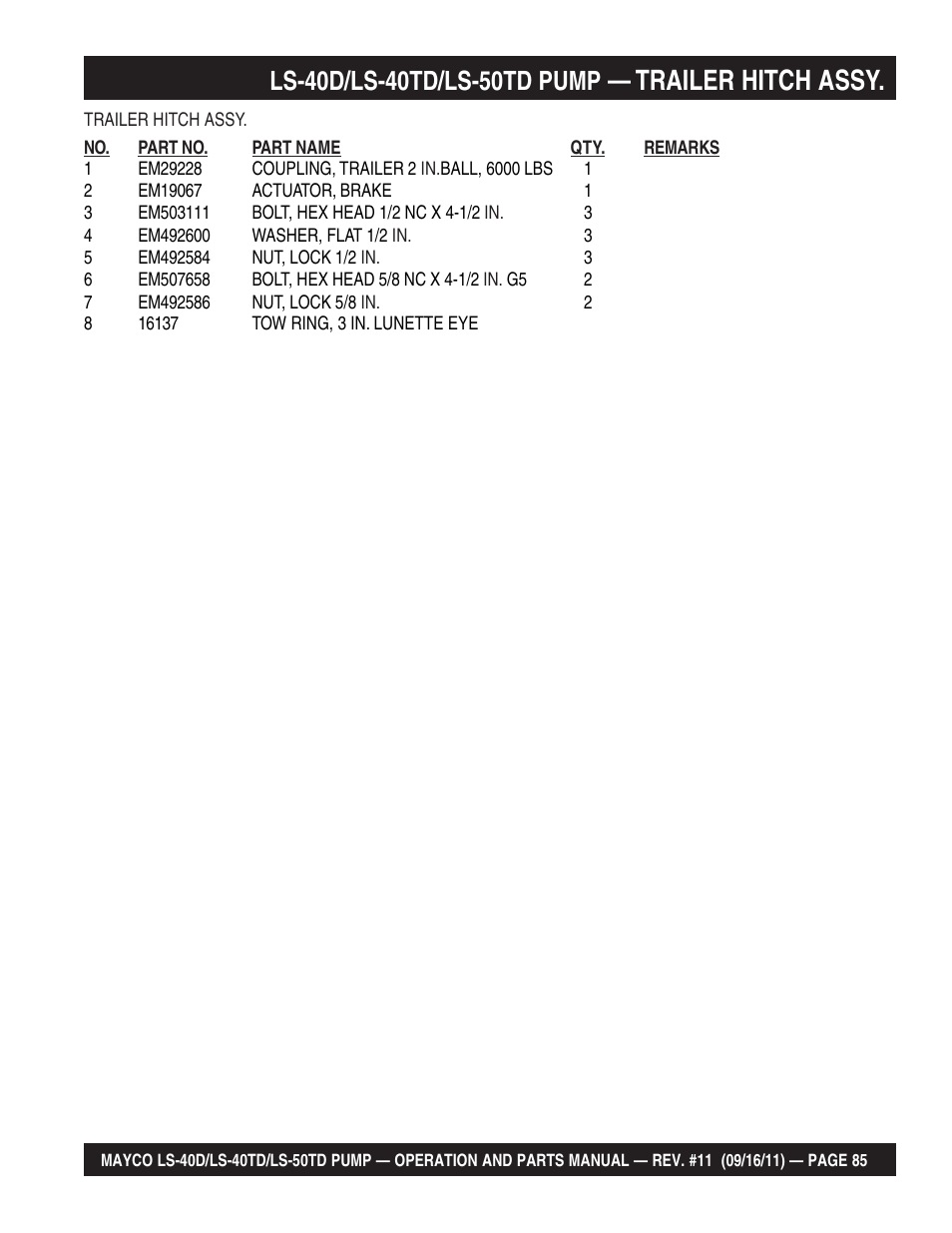 Trailer hitch assy | Multiquip LS-50TD User Manual | Page 85 / 140