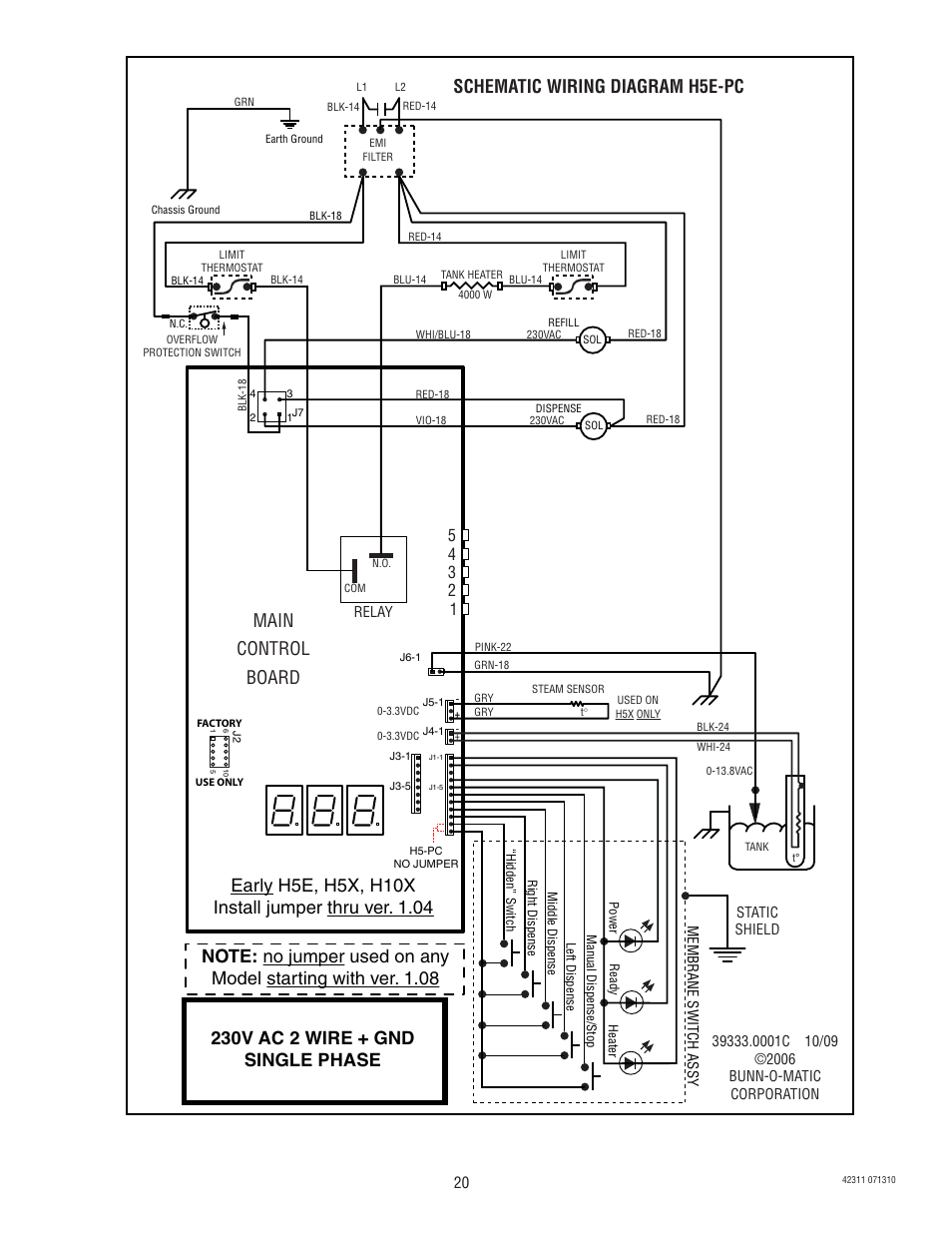 230v ac 2 wire + gnd single phase, Main control board, Schematic wiring diagram h5e-pc | Bunn DV User Manual | Page 20 / 24