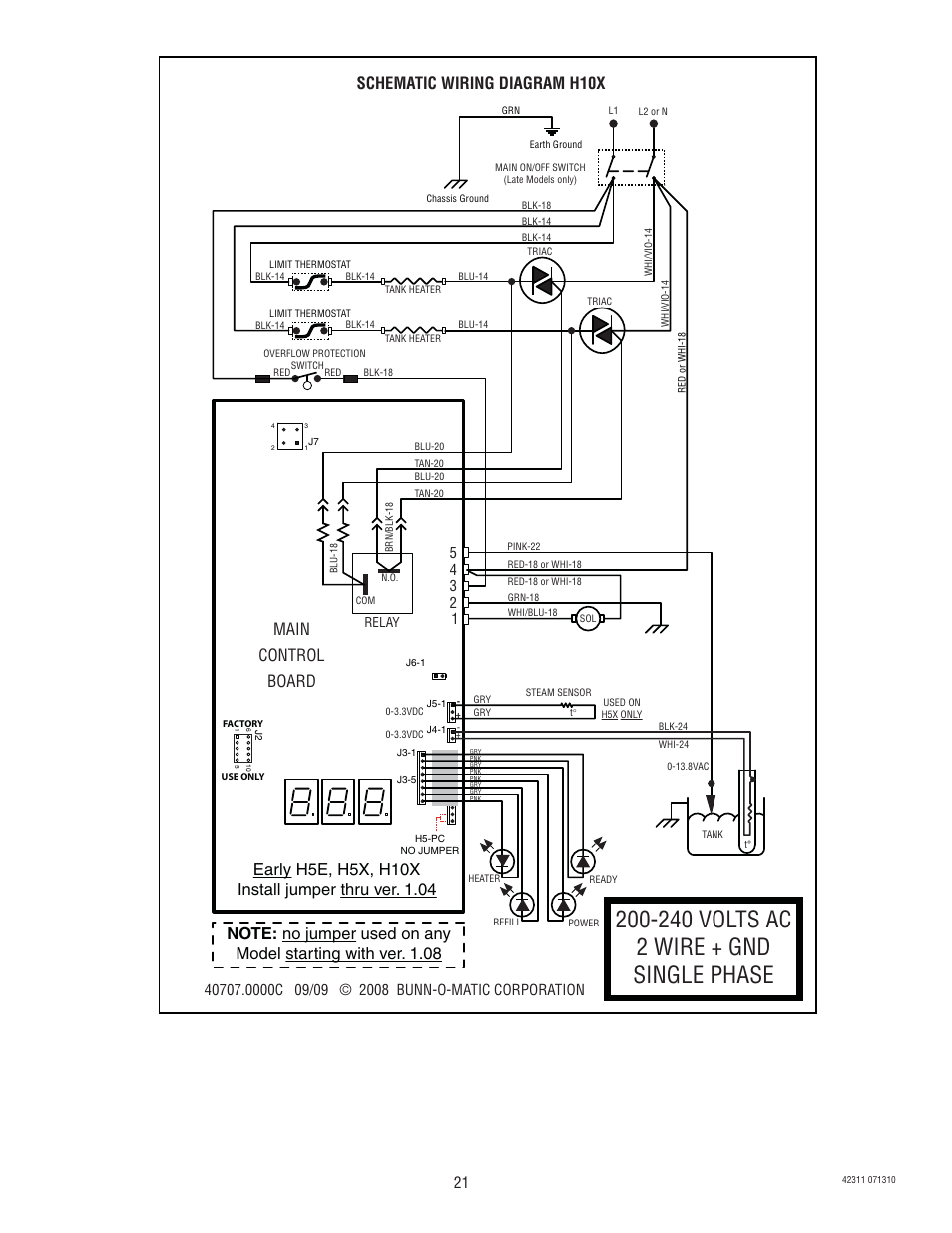 240 volts ac 2 wire + gnd single phase, Main control board, Schematic wiring diagram h10x | Bunn DV User Manual | Page 21 / 24