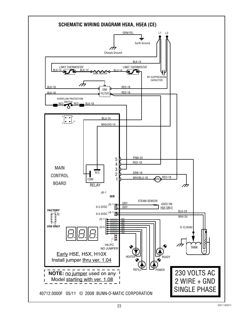 230 volts ac 2 wire + gnd single phase, Schematic wiring diagram h5xa, h5ea (ce), Main control board | Bunn DV User Manual | Page 23 / 24