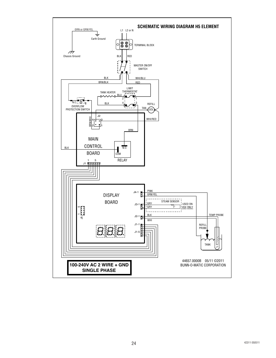 Main control board, 240v ac 2 wire + gnd single phase, Schematic wiring diagram h5 element | Display board | Bunn DV User Manual | Page 24 / 24