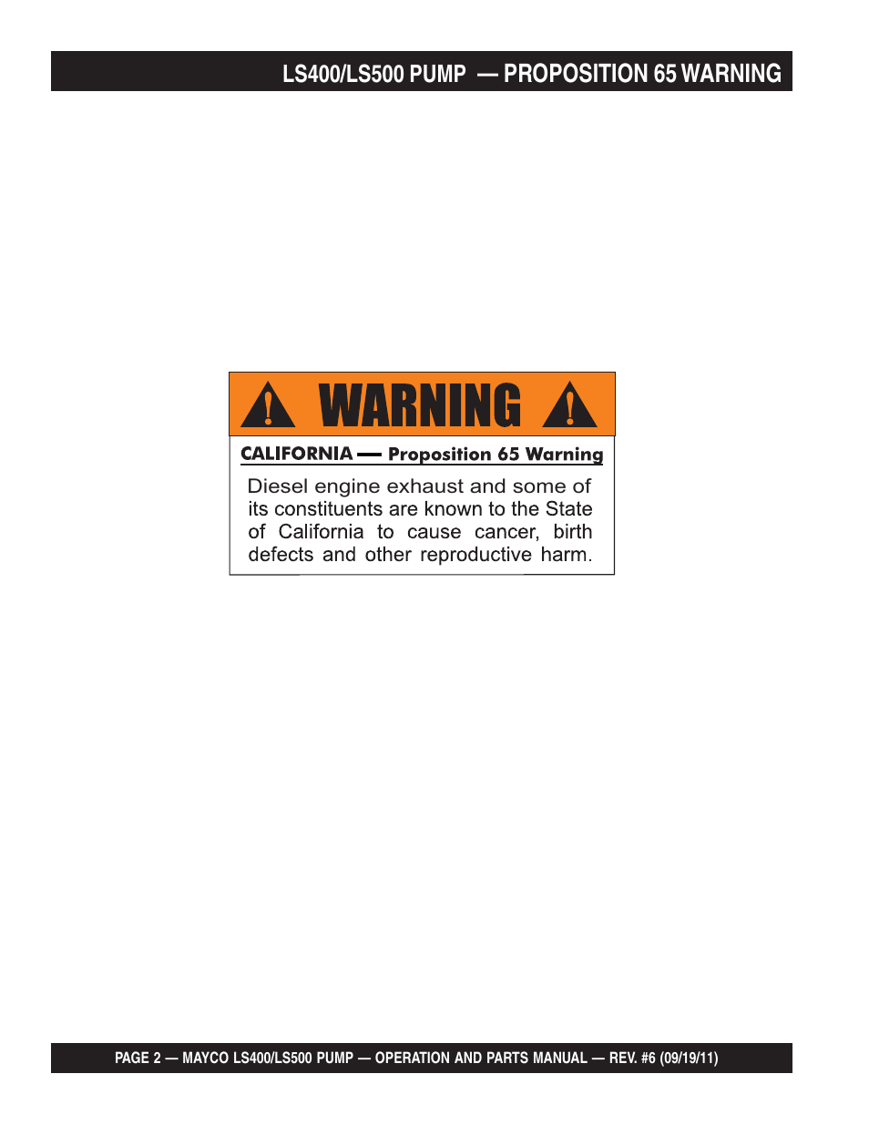 Proposition 65 warning | Multiquip LS-500 User Manual | Page 2 / 148