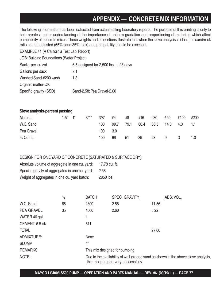 Appendix — concrete mix information | Multiquip LS-500 User Manual | Page 77 / 148