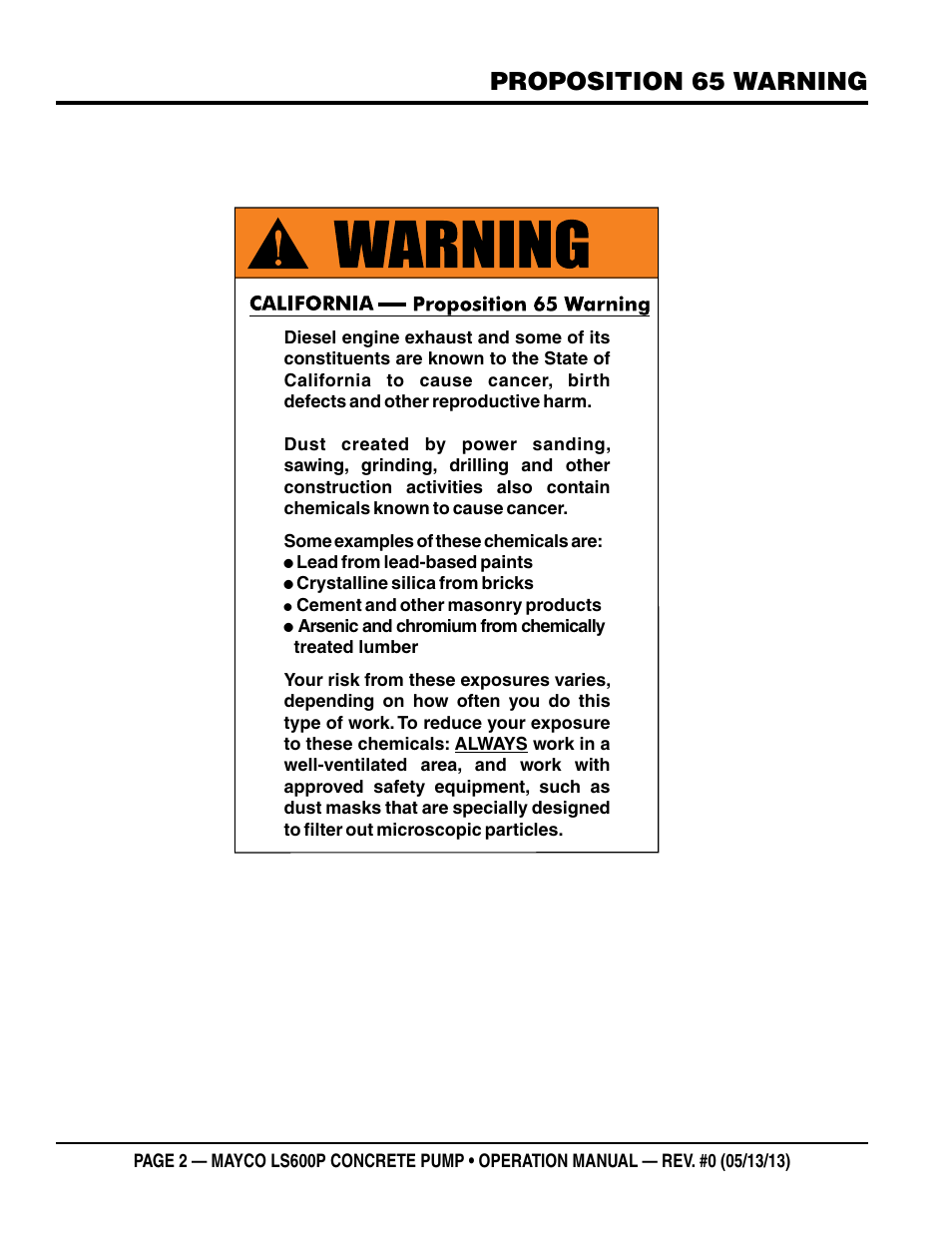 Proposition 65 warning | Multiquip LS-600P User Manual | Page 2 / 88