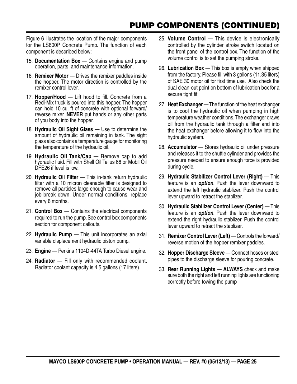 Pump components (continued) | Multiquip LS-600P User Manual | Page 25 / 88