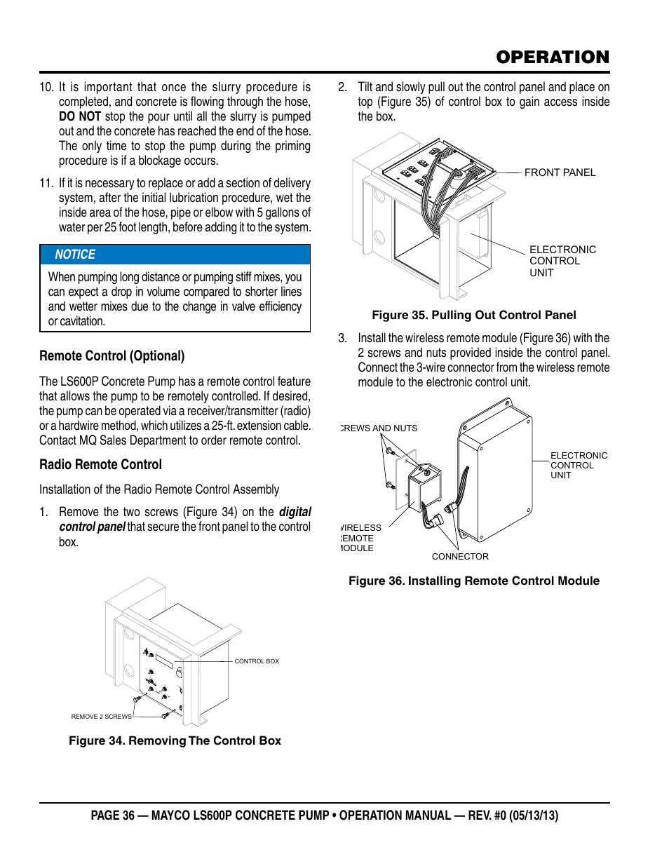 Operation, Remote control (optional), Radio remote control | Multiquip LS-600P User Manual | Page 36 / 88