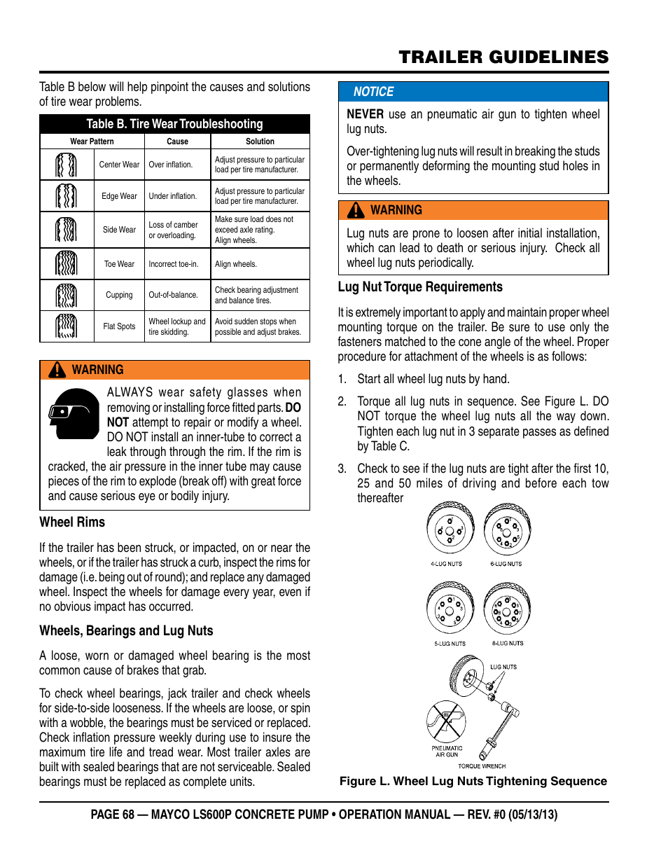 Trailer guidelines, Wheel rims, Wheels, bearings and lug nuts | Lug nut torque requirements | Multiquip LS-600P User Manual | Page 68 / 88