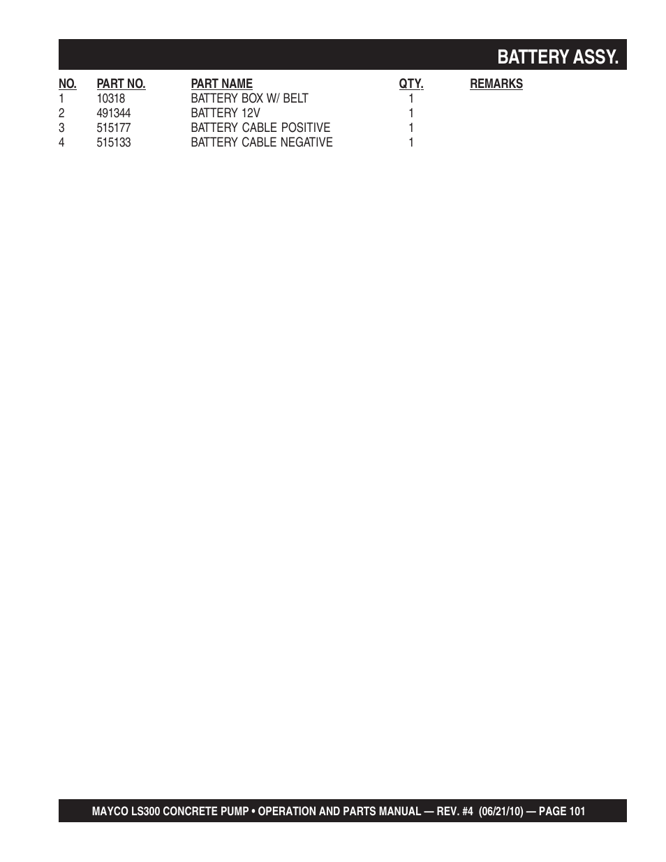 Battery assy | Multiquip LS-300 User Manual | Page 101 / 140