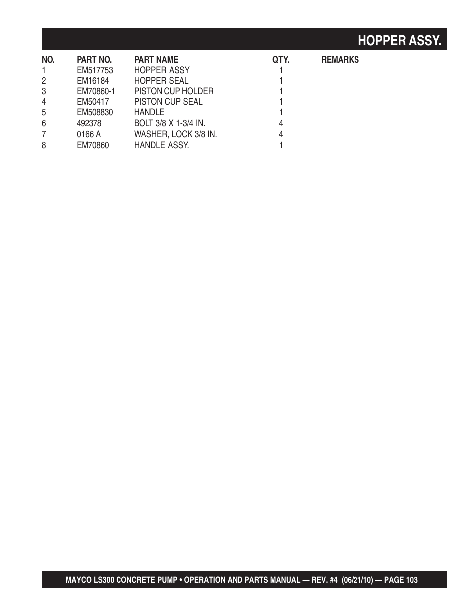 Hopper assy | Multiquip LS-300 User Manual | Page 103 / 140