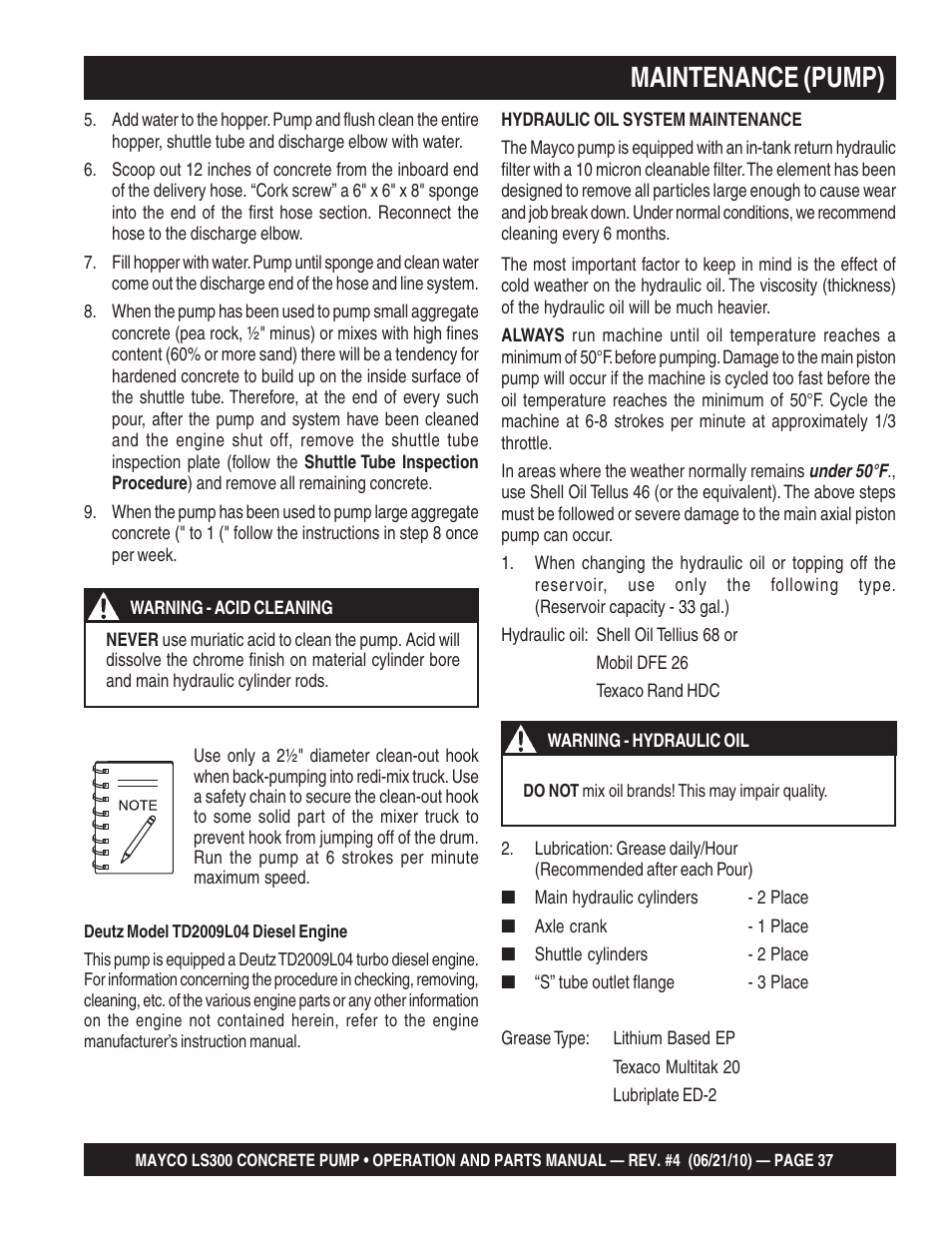 Maintenance (pump) | Multiquip LS-300 User Manual | Page 37 / 140