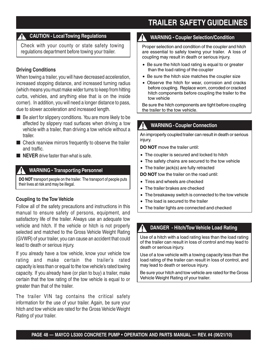 Trailer safety guidelines | Multiquip LS-300 User Manual | Page 48 / 140