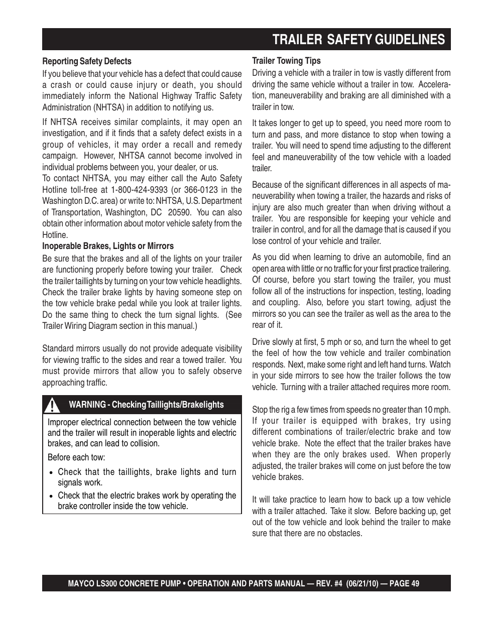 Trailer safety guidelines | Multiquip LS-300 User Manual | Page 49 / 140