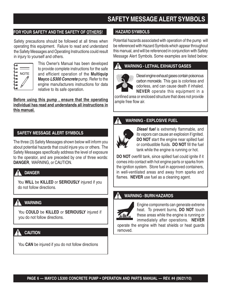 Safety message alert symbols | Multiquip LS-300 User Manual | Page 6 / 140