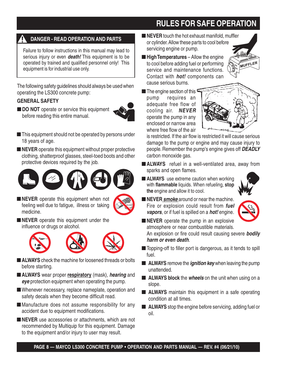 Rules for safe operation | Multiquip LS-300 User Manual | Page 8 / 140