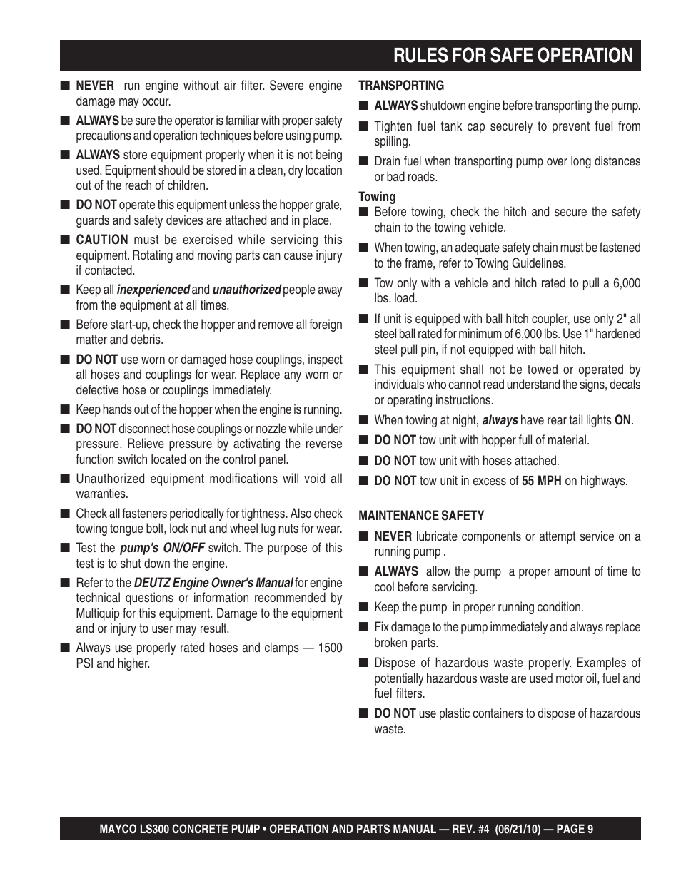 Rules for safe operation | Multiquip LS-300 User Manual | Page 9 / 140