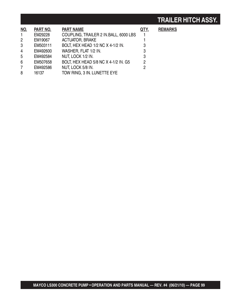 Trailer hitch assy | Multiquip LS-300 User Manual | Page 99 / 140