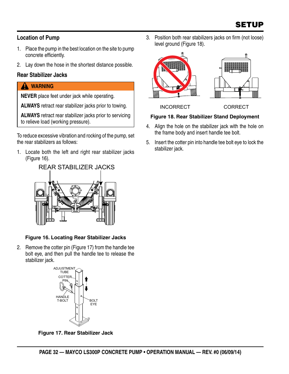 Setup, Location of pump, Rear stabilizer jacks | Multiquip LS-300P User Manual | Page 32 / 90