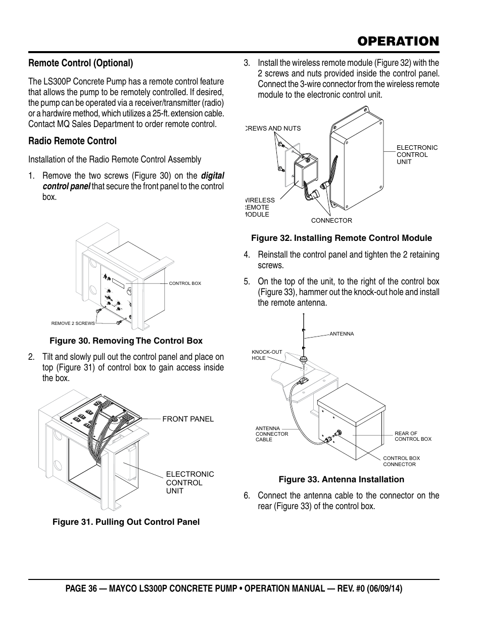 Operation, Remote control (optional), Radio remote control | Multiquip LS-300P User Manual | Page 36 / 90