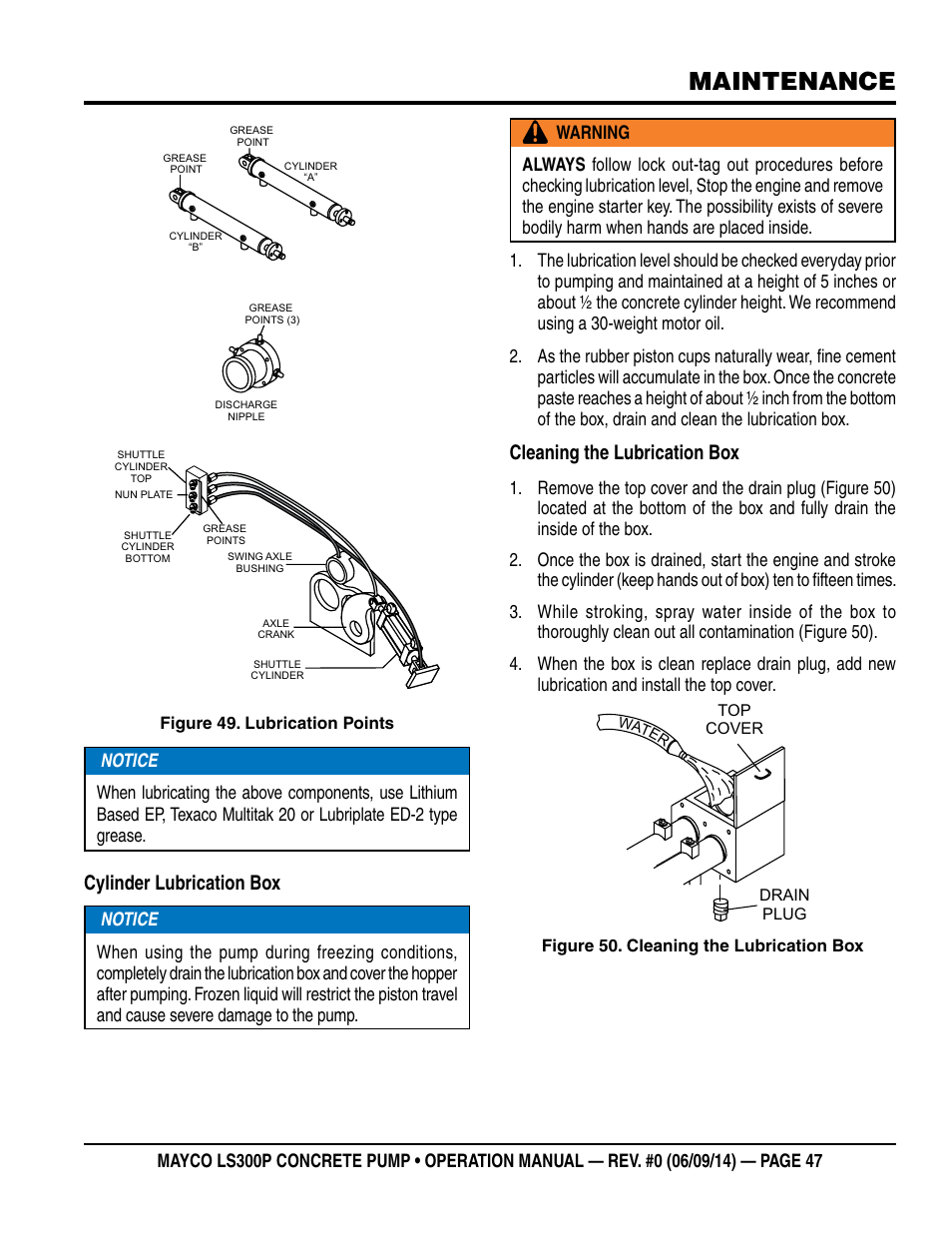Maintenance, Cylinder lubrication box, Cleaning the lubrication box | Multiquip LS-300P User Manual | Page 47 / 90