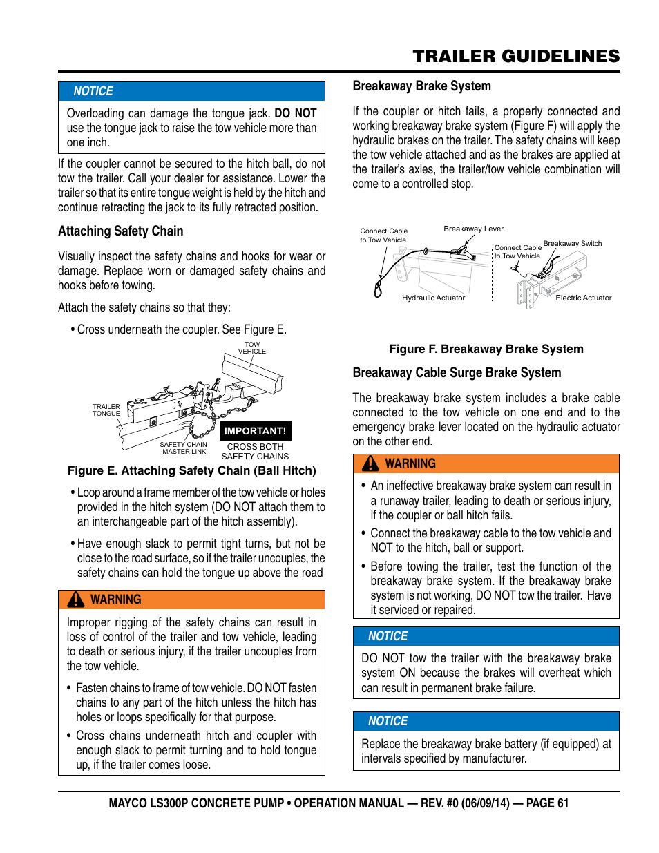Trailer guidelines, Attaching safety chain, Breakaway brake system | Breakaway cable surge brake system | Multiquip LS-300P User Manual | Page 61 / 90